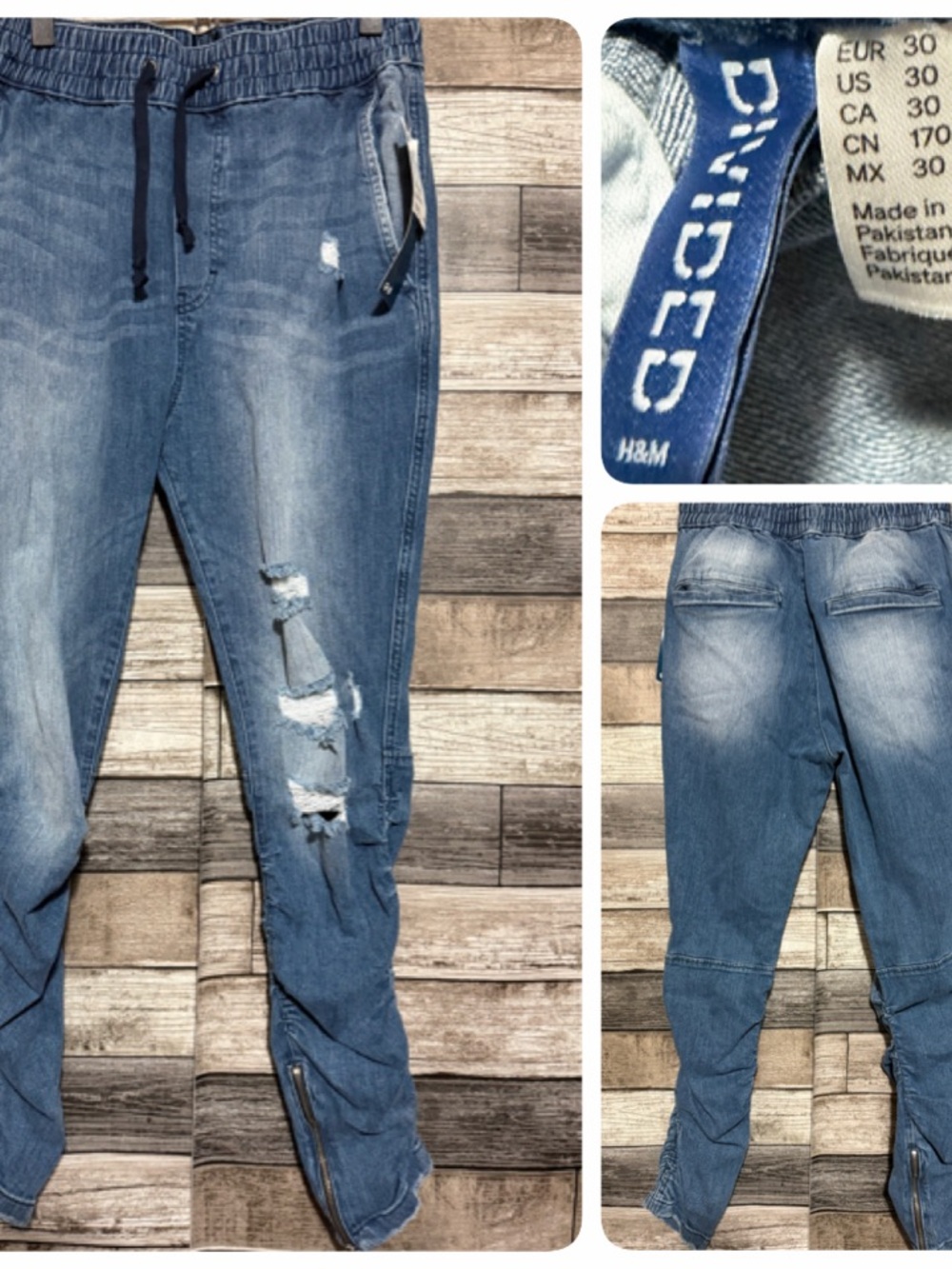 H&M Divided Skinny Fit Denim Joggers Men’s 30 Blue Inseam 28.5 Ankle Zippers